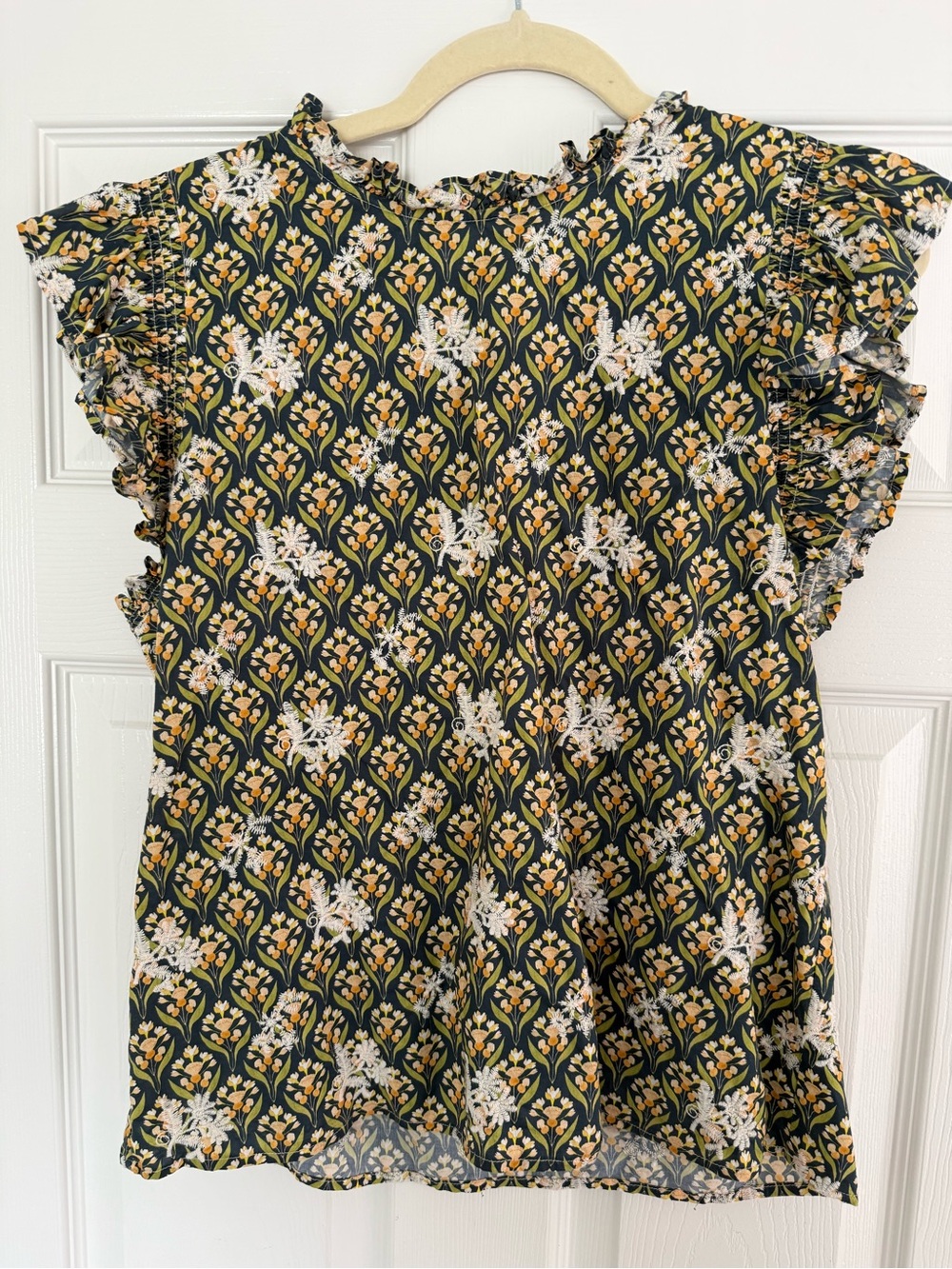 Flutter Sleeve Floral Blouse in Teal and Yellow